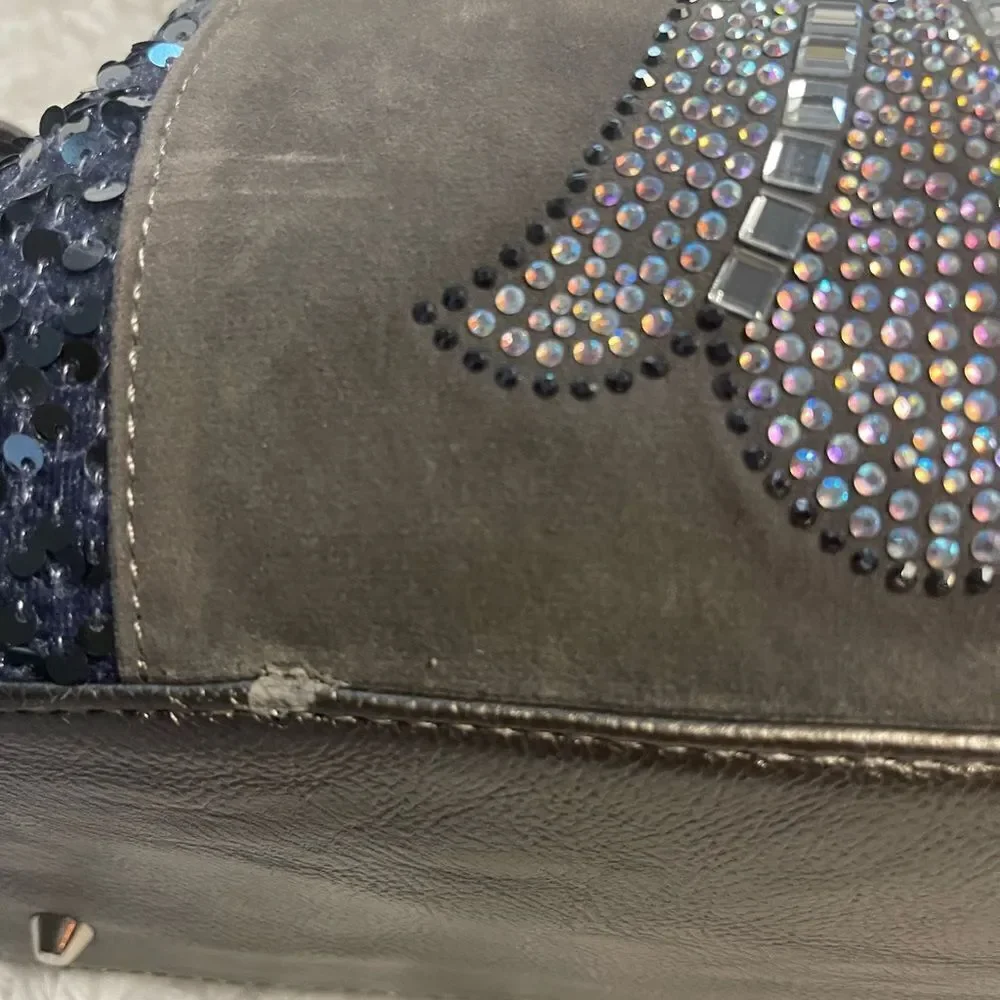 Stylish Blue &Silver Rhinestones cross embroidery & sequins metallic gray Bag